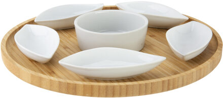 Cosy&Trendy serveerplank bamboe dia 26 cm met 6x luxe hapjes/saus/tapas keramieken schaaltjes - Snack en tapasschalen Wit