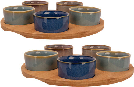 Cosy&Trendy Set van 2x stuks serveerplanken bamboe dia 25 cm met 10x luxe hapjes/saus/tapas schaaltjes