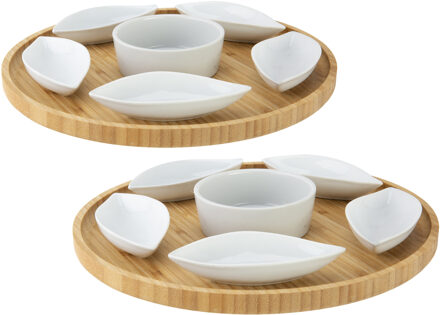 Cosy&Trendy Set van 2x stuks serveerplanken bamboe dia 26 cm met luxe hapjes/saus/tapas keramieken schaaltjes