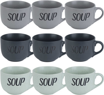 Cosy&Trendy Soepbekers/soepkommen - set 9x stuks - 11 x 8 cm - 510 ml - keramiek - mix kleuren