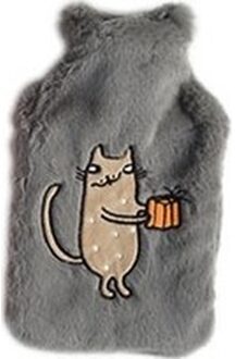 Cosy&Trendy Warmwaterkruik lichtgrijs pluche met bruine katten/poezen afbeelding 2 liter - Kruiken