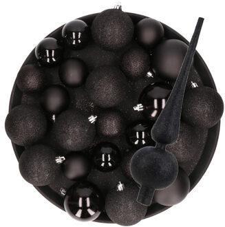 Cosy&Trendy Zwarte Kerstversiering set piek met kerstballen 6 - 8 - 10 cm pakket 40x stuks