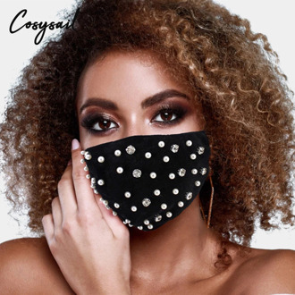 Cosysail Ins Charm Velvet Luxury Pearl Rhinestone Mask for Women Girl Bling Winter Party Masquerade Face Jewelry Accessories