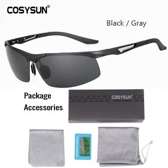COSYSUN Aluminium Magnesium Gepolariseerde Zonnebril Mannen Rijden Gepolariseerde Bril oculos Mannelijke Eyewear Accessoires Mannen Goggle 0516 zwart grijs Brief PKG
