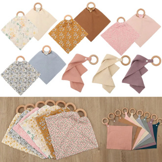 Cotton Baby Bibs Print Baby Soothe Appease Towel Burp Cloth With Wood Teether Ring For Children Pacifier Cloth Baby Cuddle Cloth