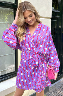 Cotton Wrap Jurk Flower Print Paars