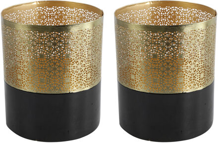 Countryfield 2x stuks luxe theelichthouder/kaarsenhouder - goud/zwart - metaal - D10 x H12.5 cm