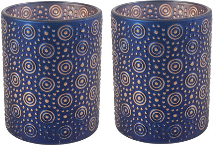 Countryfield 2x stuks luxe theelichthouder/kaarsenhouder - nachtblauw/goud - glas - D10 x H12 cm