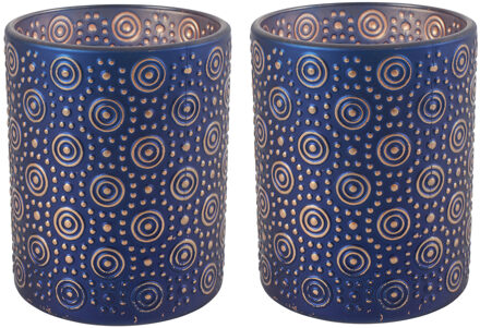 Countryfield 2x stuks luxe theelichthouder/kaarsenhouder - nachtblauw/goud - glas - D7 x H8 cm