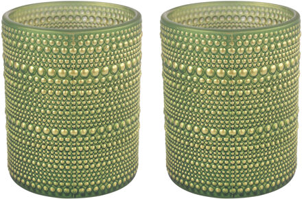 Countryfield 2x stuks luxe theelichthouder/kaarsenhouder - olijfgroen/goud - glas - D10 x H12 cm