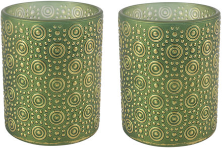 Countryfield 2x stuks luxe theelichthouder/kaarsenhouder - olijfgroen/goud - glas - D10 x H12 cm