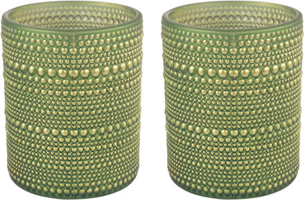 Countryfield 2x stuks luxe theelichthouder/kaarsenhouder - olijfgroen/goud - glas - D8 x H10 cm
