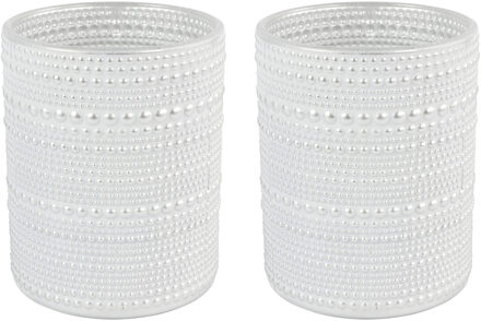 Countryfield 2x stuks luxe theelichthouder/kaarsenhouder - parel wit/zilver - glas - D8 x H10 cm