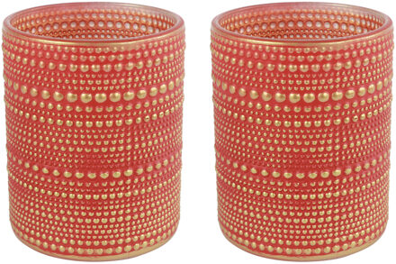 Countryfield 2x stuks luxe theelichthouder/kaarsenhouder - rood/goud - glas - D10 x H12 cm