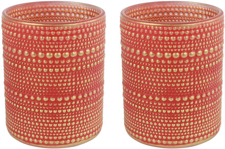 Countryfield 2x stuks luxe theelichthouder/kaarsenhouder - rood/goud - glas - D7 x H8 cm