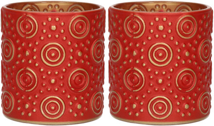 Countryfield 2x stuks luxe theelichthouder/kaarsenhouder - rood/goud - glas - D7 x H8 cm