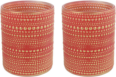 Countryfield 2x stuks luxe theelichthouder/kaarsenhouder - rood/goud - glas - D8 x H10 cm