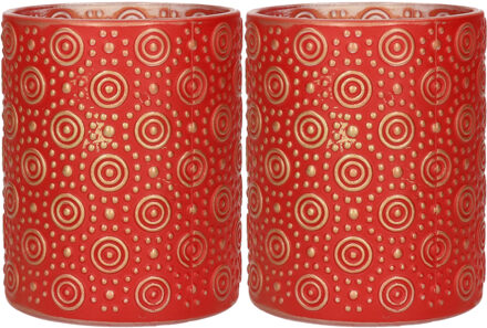 Countryfield 2x stuks luxe theelichthouder/kaarsenhouder - rood/goud - glas - D8 x H10 cm