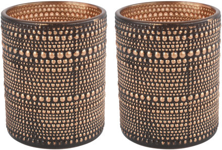 Countryfield 2x stuks luxe theelichthouder/kaarsenhouder - zwart/brons - glas - D10 x H12 cm