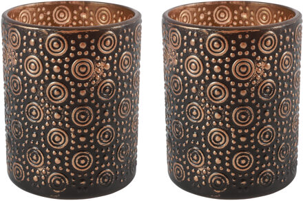 Countryfield 2x stuks luxe theelichthouder/kaarsenhouder - zwart/brons - glas - D10 x H12 cm