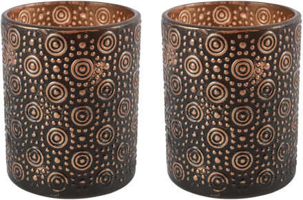 Countryfield 2x stuks luxe theelichthouder/kaarsenhouder - zwart/brons - glas - D7 x H8 cm