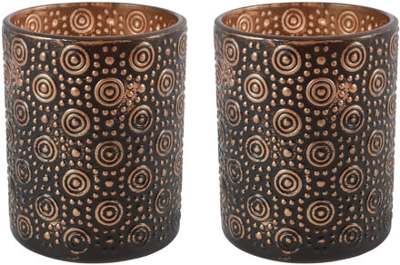 Countryfield 2x stuks luxe theelichthouder/kaarsenhouder - zwart/brons - glas - D8 x H10 cm