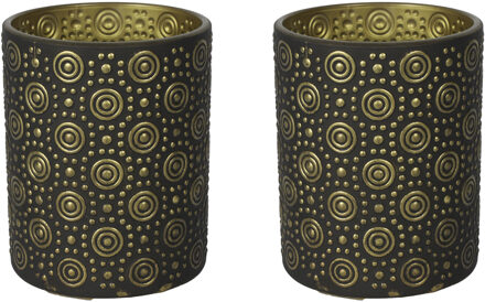Countryfield 2x stuks luxe theelichthouder/kaarsenhouder - zwart/goud - glas - D10 x H12 cm