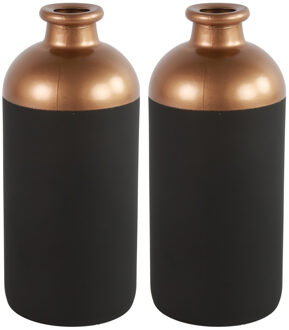 Countryfield Bloemen/deco vaas - 2x - zwart/koper - glas - luxe fles vorm - D11 x H25 cm