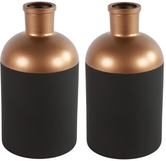 Countryfield Bloemen/deco vaas - 2x - zwart/koper - glas - luxe fles vorm - D14x H26 cm