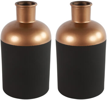 Countryfield Bloemen/deco vaas - 2x - zwart/koper - glas - luxe fles vorm - D17 x H31 cm