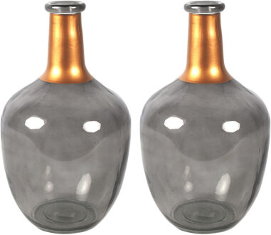 Countryfield Bloemenvaas Firm Big Bottle - 2x - transparant grijs/koper - glas - D18 x H30 cm