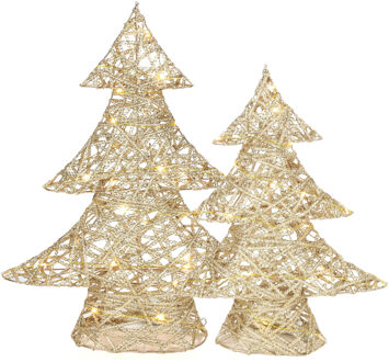 Countryfield Decoratie kerstboompjes - 2x st - goud - met verlichting - H35 en h48 cm