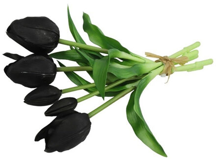 Countryfield Kunst tulpen boeket - 5x stuks - zwart - real touch - 28 cm