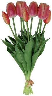 Countryfield Kunst tulpen boeket Fleur - 10x stuks - lichtrood - real touch - 41 cm