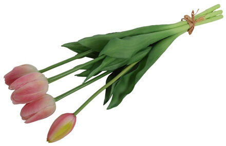 Countryfield Kunst tulpen boeket Fleur - 5x stuks - lichtroze - real touch - 41 cm