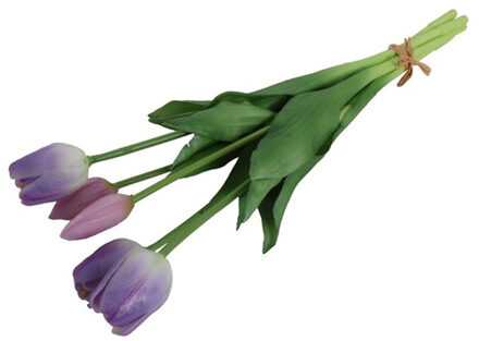 Countryfield Kunst tulpen boeket Fleur - 5x stuks - lila paars - real touch - 41 cm
