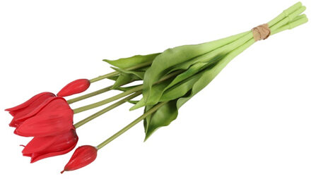 Countryfield Kunst tulpen boeket Greigii - 5x stuks - rood - real touch - kunst zijdebloemen