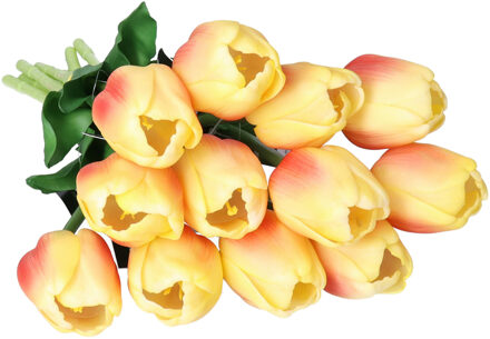 Countryfield Kunstbloemen bos Tulp Tulipa - 7x - 44 cm - geel/oranje - Real Touch - kunst zijdebloemen
