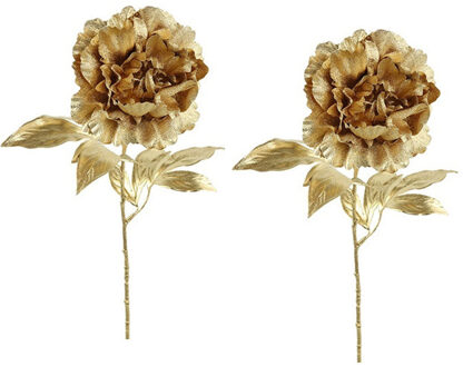 Countryfield Kunsttakken/kunstbloemen- 2x st - Pioenroos - metallic goud - H65 cm - polyester - glans