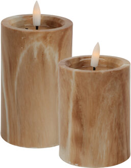 Countryfield LED kaarsen/stompkaarsen - set 2x - bruin marmer look - H10 en H12,5 cm - timer - warm wit