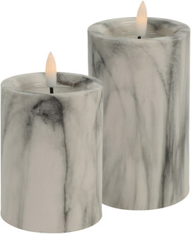 Countryfield LED kaarsen/stompkaarsen - set 2x - wit/grijs marmer - H10 en H12,5 cm - timer - warm wit