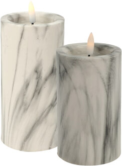 Countryfield LED kaarsen/stompkaarsen - set 2x - wit/grijs marmer - H12,5 en H15 cm - timer - warm wit - LED kaarsen