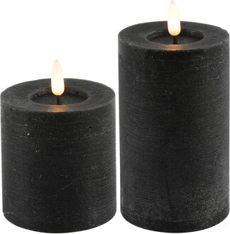 Countryfield LED kaarsen/stompkaarsen - set 2x - zwart - D7,5 x H8 en H12,5 cm - timer - LED kaarsen