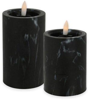 Countryfield LED kaarsen/stompkaarsen - set 2x - zwart marmer look - H10 en H12,5 cm - timer - warm wit - LED kaarsen