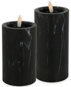 Countryfield LED kaarsen/stompkaarsen - set 2x - zwart marmer look - H12,5 en H15 cm - timer - warm wit - LED kaarsen