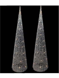 Countryfield LED kegel kerstboom lampen - 2x - zilver - 40 leds - H80 cm - met timer