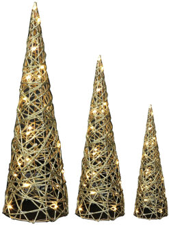 Countryfield LED kegels - kerstboom lampen - 3x st - goud - H40, H60, H80cm - warm wit - timer