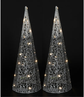 Countryfield LED verlichte kegel kerstboom lampen - 2x - zilver - 20 leds - H40 cm - timer