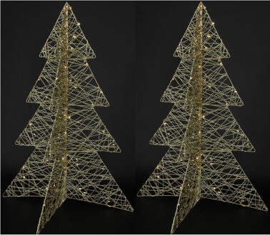 Countryfield Lichtboompjes/kerstboompjes 3D - 2x - H76 cm - goud - metaal - 60 leds warm wit -verlichte figuren