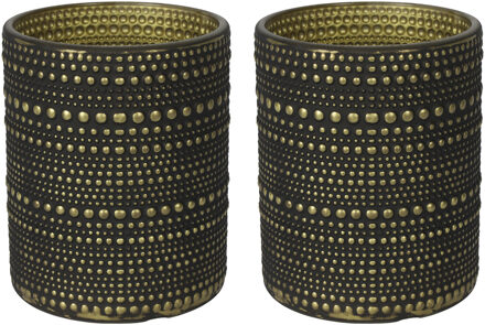 Countryfield Luxe theelichthouder/kaarsenhouder - 2x - zwart/goud - glas - D7 x H8 cm